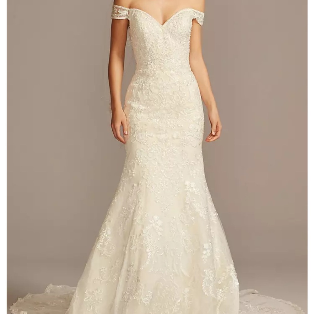 Oleg Cassini Off-Shoulder Lace Wedding Dress and Veil- Ivory